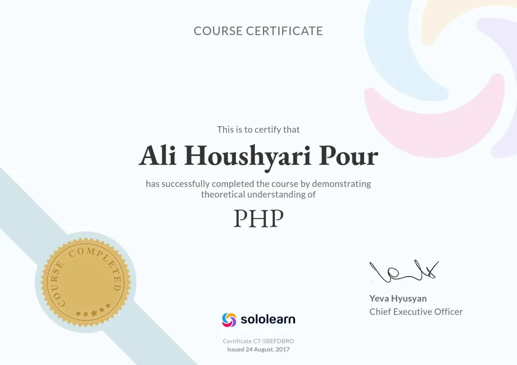 Ali Houshyari Pour's SoloLearn PHP Certificate