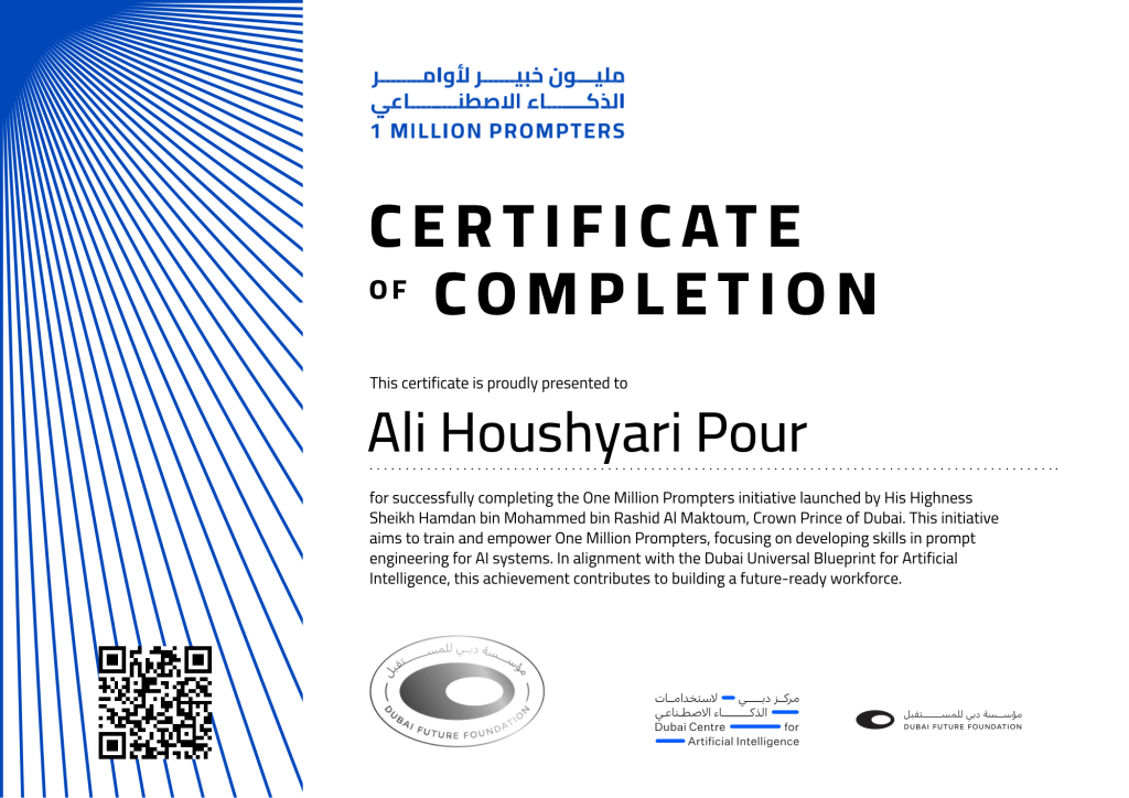 Ali Houshyari Pour's dub.ai 1 Million Prompters Certificate