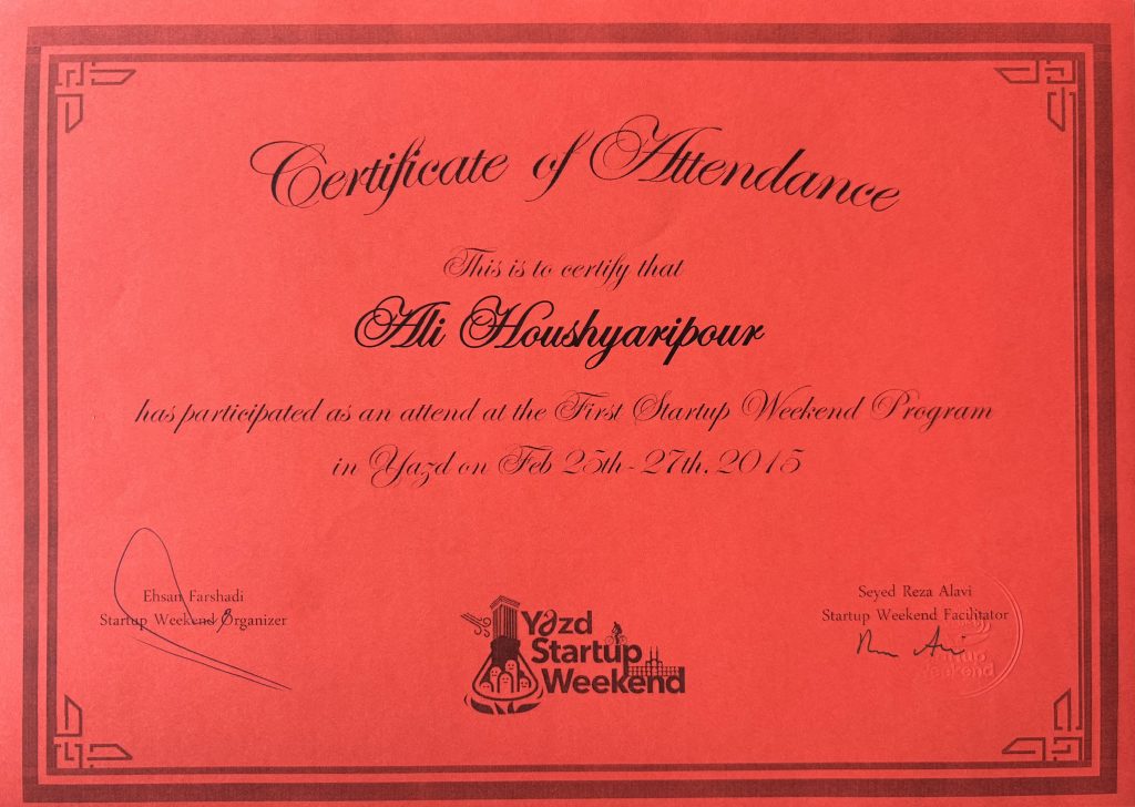 Ali Houshyari Pour's first Yazd startup weekend certificate of attendance