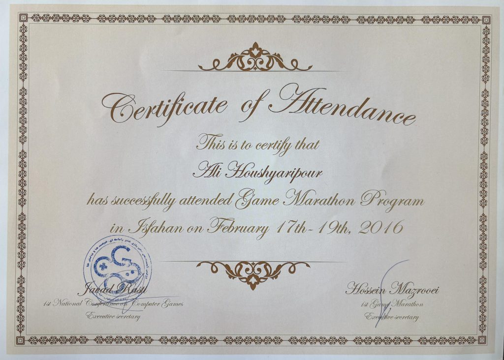 Ali Houshyari Pour's Game marathon program certificate of attendance